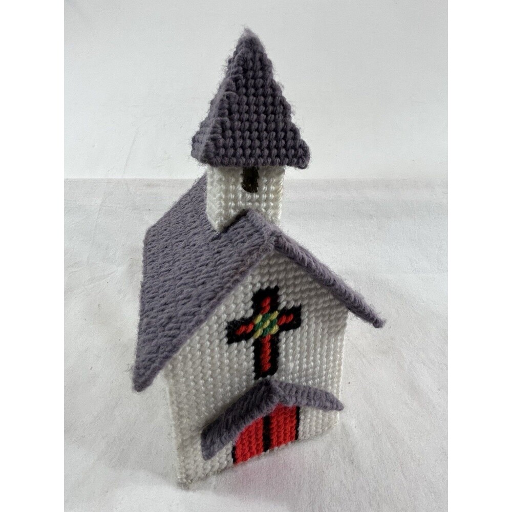 Vintage Handmade Needlepoint Plastic Canvas Church with Bell 7x8x3.25" Music Box